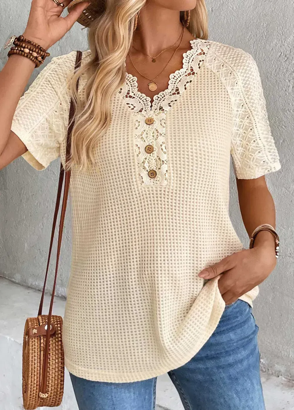 Light Camel Short Sleeve V Neck T Shirt