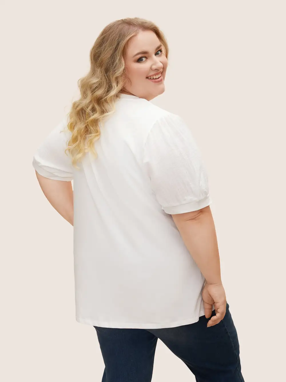 Plain Textured Patchwork Lantern Sleeve T-Shirt