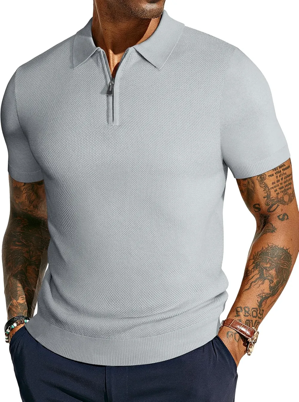 Men's Zipper Polo Shirt Textured Casual Knit Short Sleeve Polo T Shirt