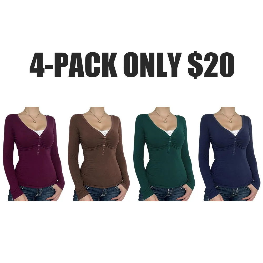 Women's Contrast Lace Button V Neck Tee