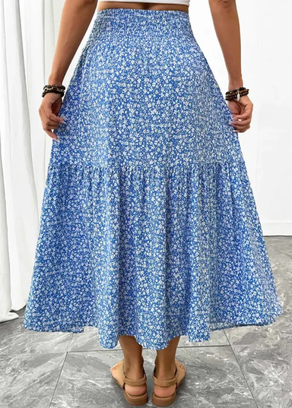 Blue Ditsy Floral Print A Line Elastic Waist Skirt