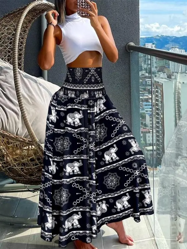 Women's Shirred Waist Wide Leg Pants – Casual High Waist Trousers for Daily & Vacation Wear