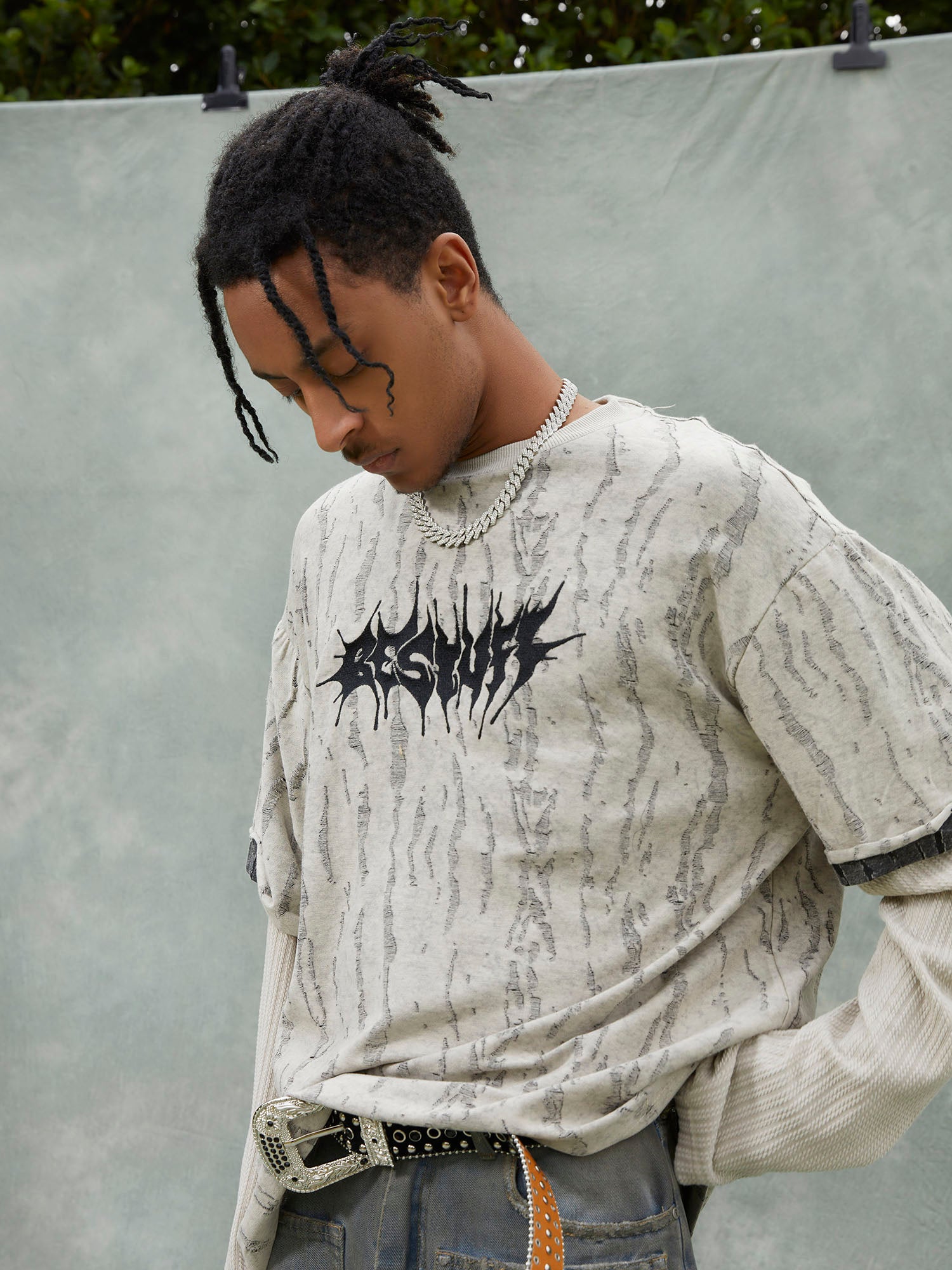 Faux Two-piece Distressed Woolen T-shirt - 2005