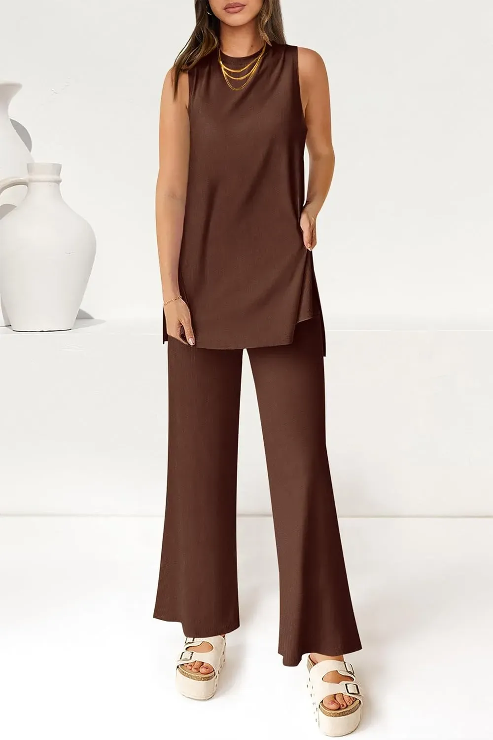 Women's Casual Loose Tank Top Wide Leg Pants 2 Piece Lounge Set