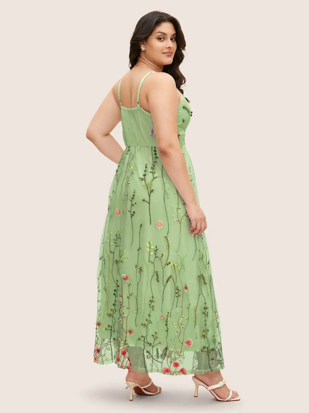 U Neck Floral Embroidered Mesh Cami Dress