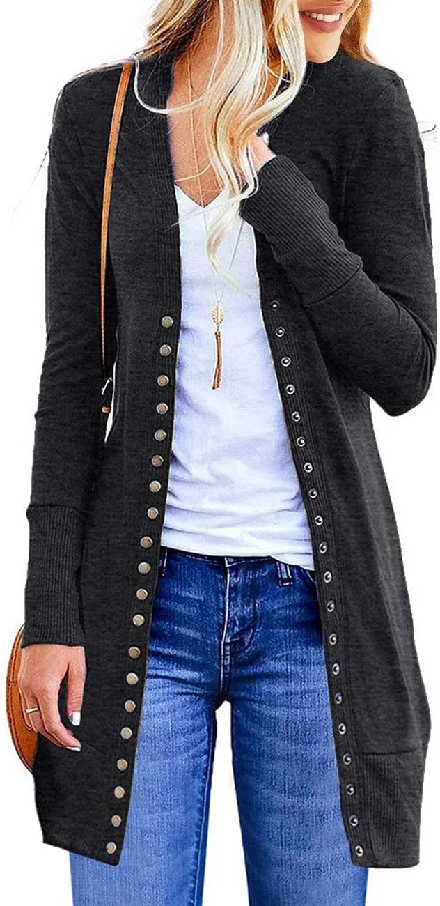 Women's 2024 Fall Long Sleeve Snap Button Down Solid Color Knit Ribbed Neckline Cardigans