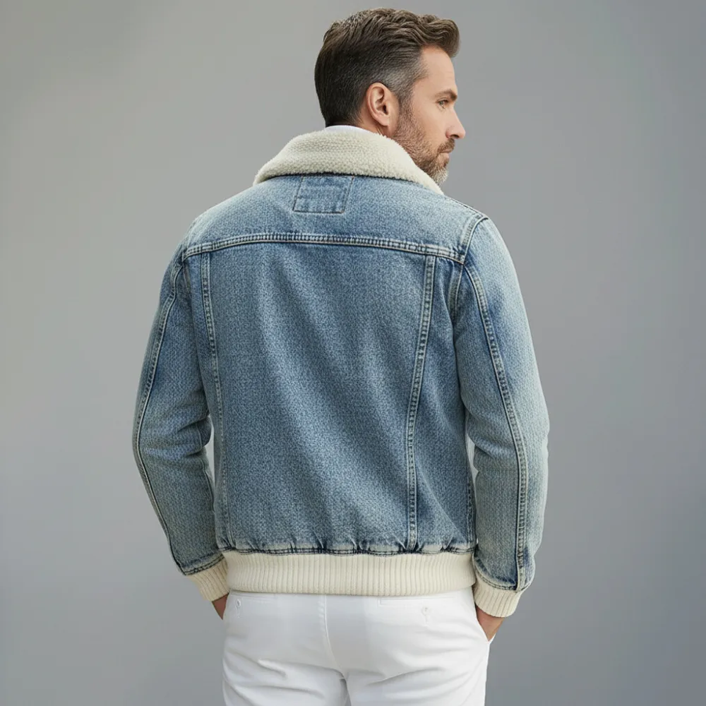 Men's Light Blue Denim Shearling Collar Knit Cuffs Pocket Long Sleeve Zipper Jacket