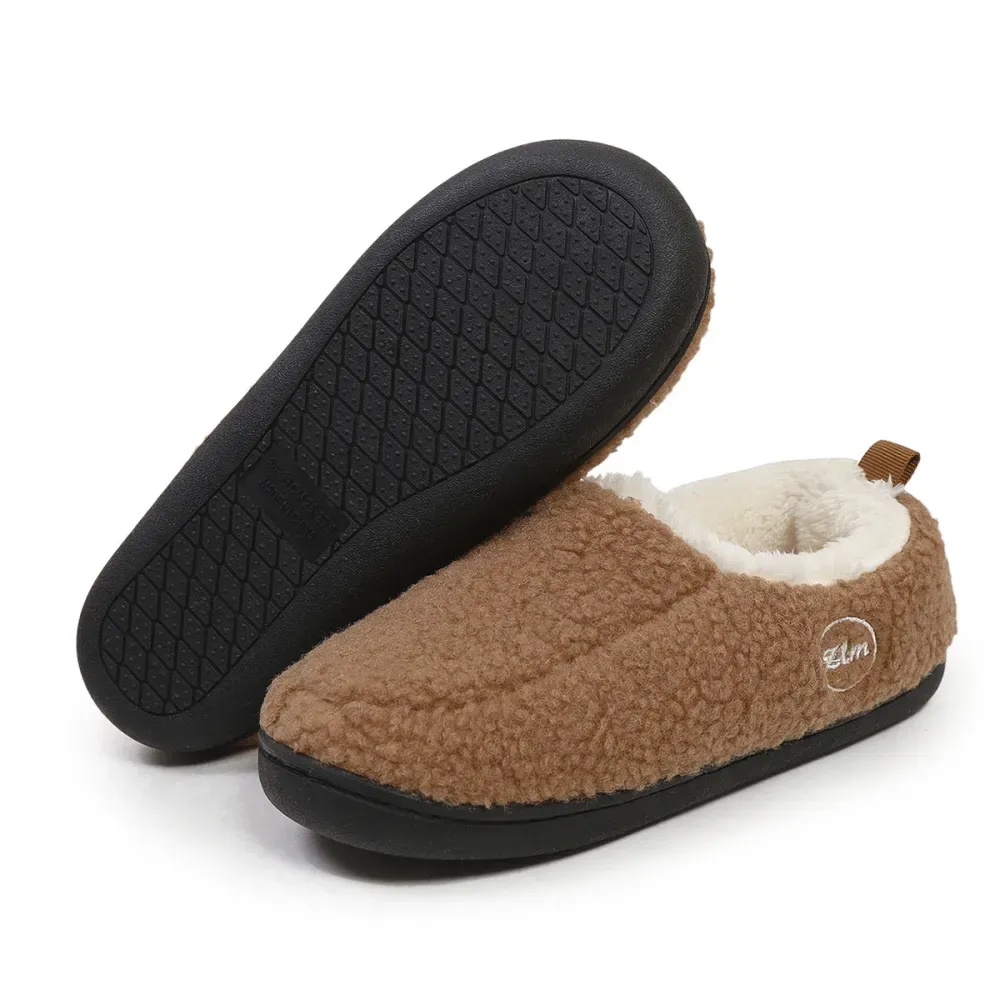 Dark Camel Closed Toe Falt Faux Fur Slippers