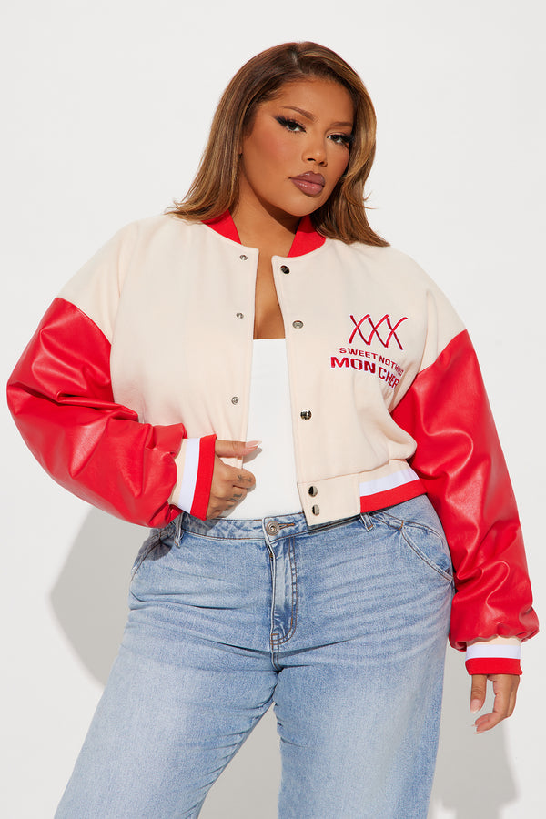 Mon Cheri Cropped Varsity Jacket - Taupe/combo