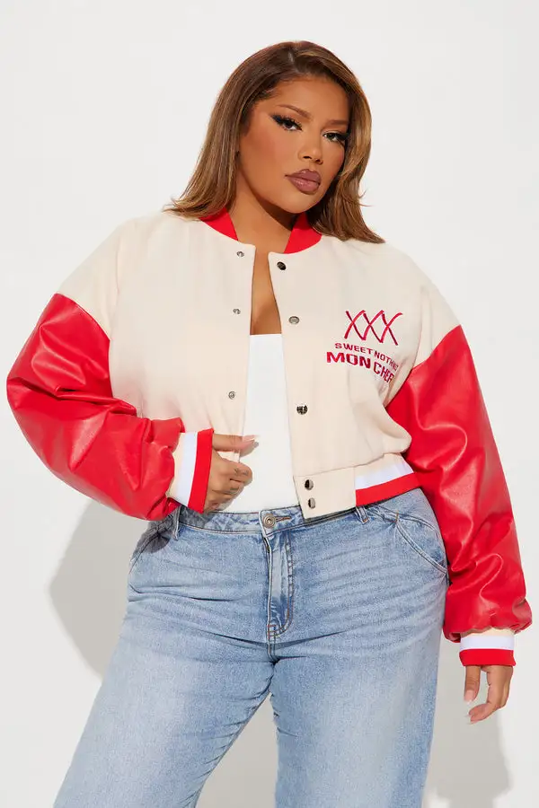 Mon Cheri Cropped Varsity Jacket - Taupe/combo