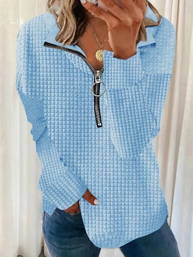 Women's Sweatshirt Pullover Textured Basic Quarter Zip Black White Blue Solid Color Street Casual V Neck Long Sleeve Top Micro-elastic Fall & Winter