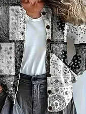 Women's Cardigan Daily Floral Graphic Paisley Ribbed Crew Neck Floral Buttons Print Long Sleeve Regular Tops Knit Outdoor Weekend Gray Fall Winter