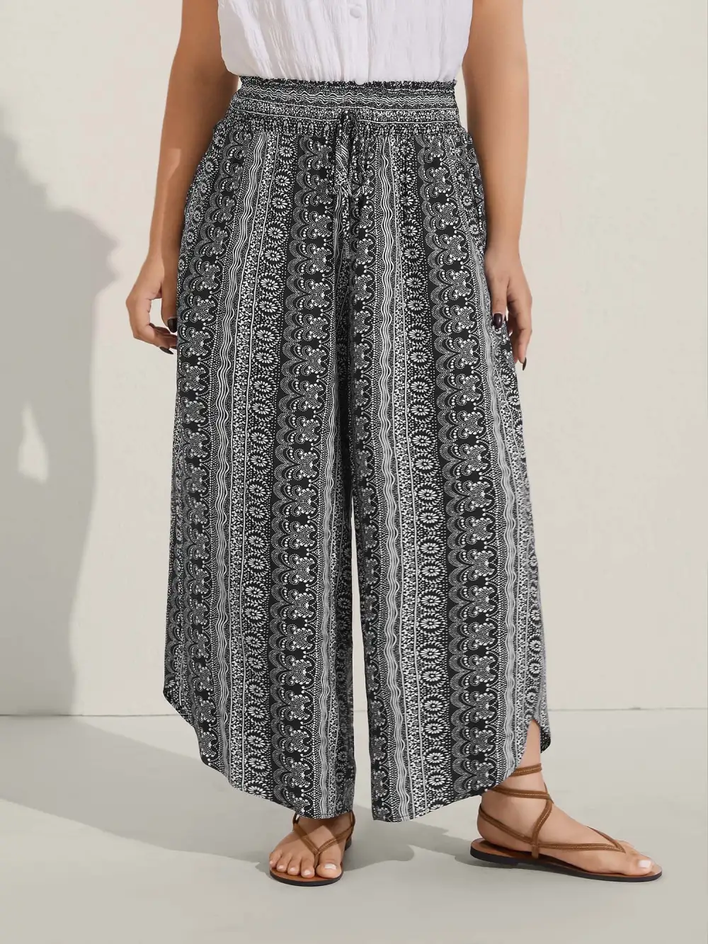 Boho Print Shirred Waist Wide-Leg Pants