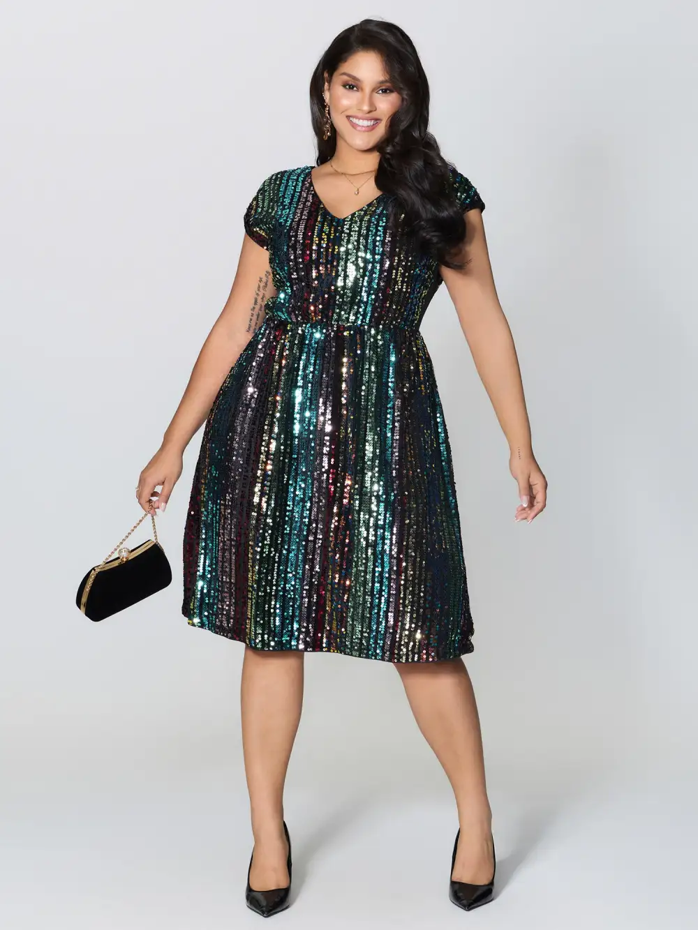 Shimmery Sequin Stripe Cinched-Waist Midi Dress