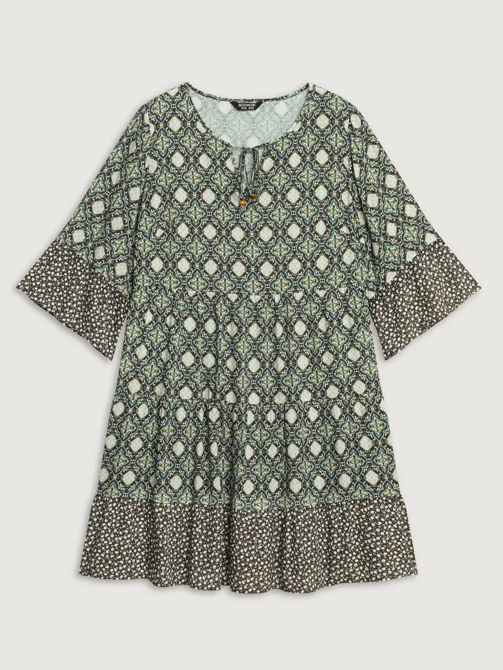 Geometric Print Flared Sleeve Tiered Midi Dress