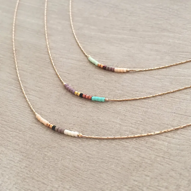 Rose Gold Dainty Beaded Necklace, Boho Delicate Minimalist Jewelry Short Layering Necklace, Colorful Simple Minimal Bridesmaids Gift