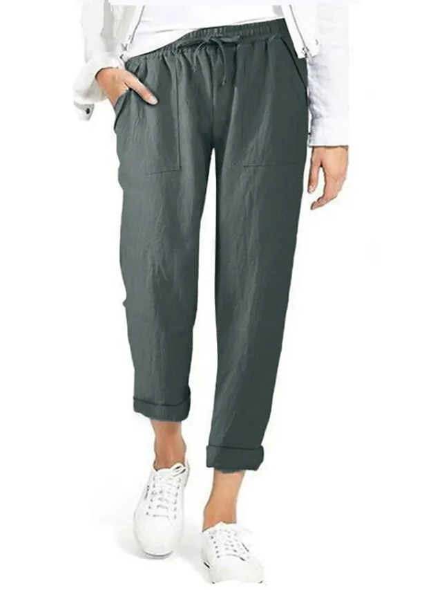 Women's Pants Trousers Capri shorts Baggy Faux Linen Solid Colored Baggy Ankle-Length Mid Waist Basic Casual Daily Black Wine S M Summer Spring &  Fall