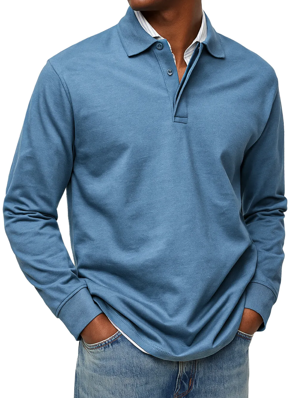 Men's Daily Double-layer Lapel Button-down Solid Color Long-sleeved Polo Shirt