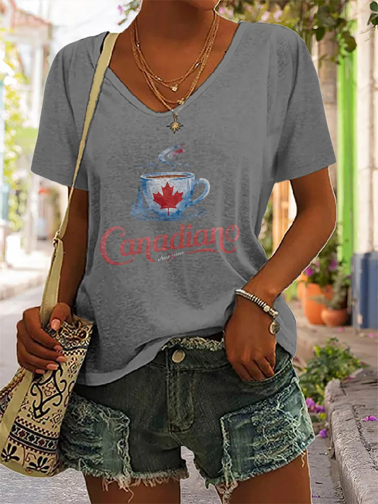 Canadian Printed V-Neck Short-Sleeved T-Shirt