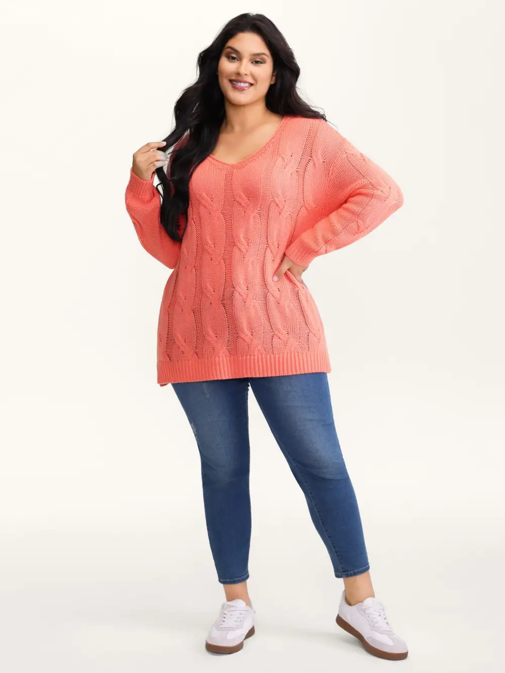 Cable Knit V-Neck Solid Pullover