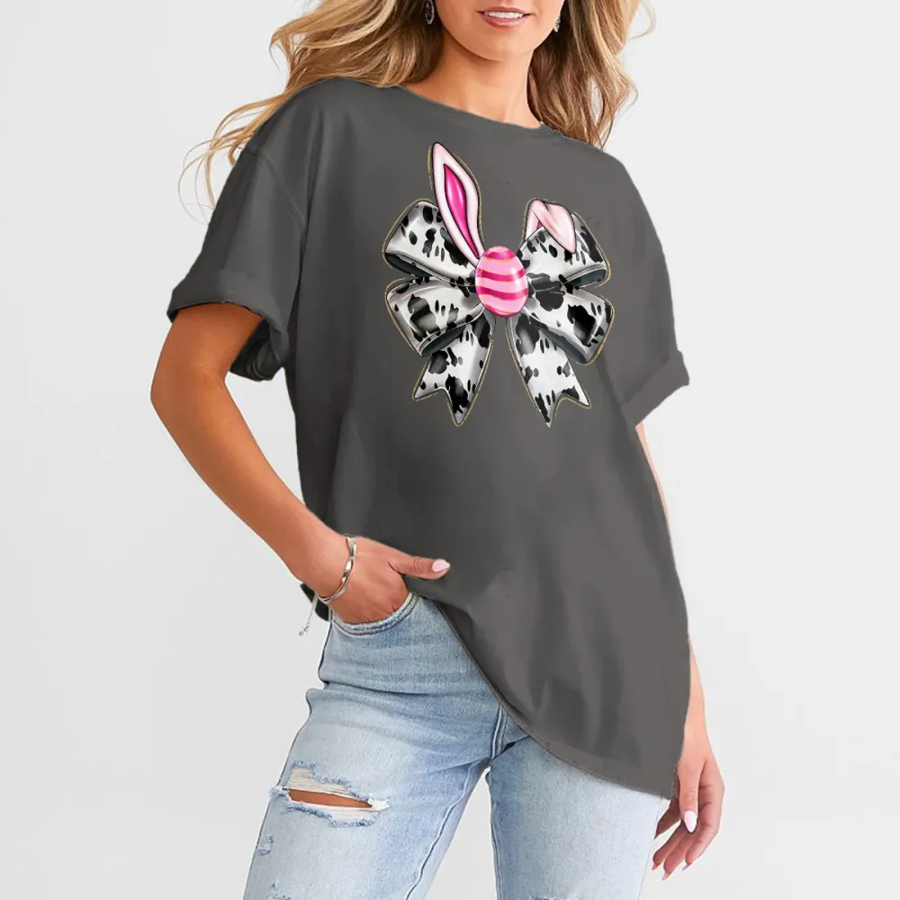 A Bow Pattern With Rabbit Ears, The Bow Is Black And White Stripes, And The Pink And White Striped Easter Egg Is Fashionable And Cute, Casual T-Shirt