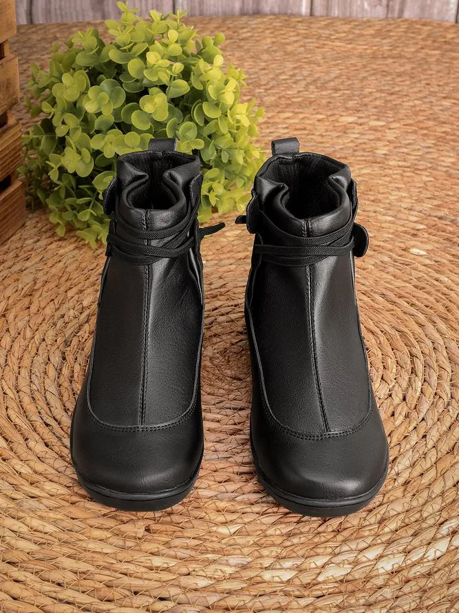 Vintage Women Casual Braided Strap Breathable Lether PU Flat Heel Classic Boots