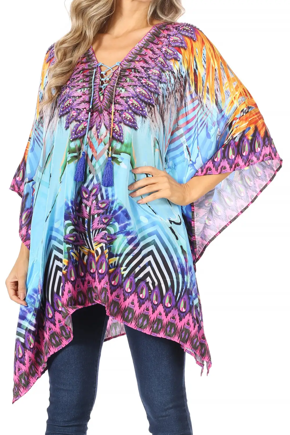 Women's Caftan Poncho Cover up V neck Top Lace up With Rhinestone