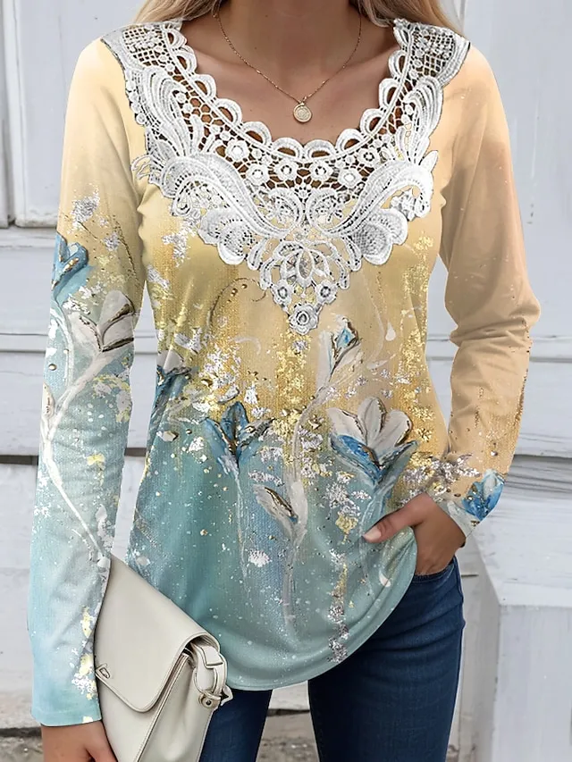 Women's Shirt Blouse Floral Lace Print Casual Holiday Fashion Long Sleeve V Neck Black Spring &  Fall