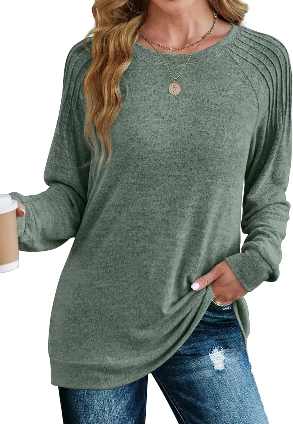 Sweatshirt for Women Crewneck Pleated Long Sleeve Shirts Tunic Tops Fashion 2024