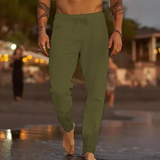 Men's Linen Pants Trousers Summer Pants Beach Pants Pocket Drawstring Elastic Waist Plain Comfort Soft Daily Weekend Linen / Cotton Blend Streetwear Casual Dark Khaki Light Khaki Micro-elastic