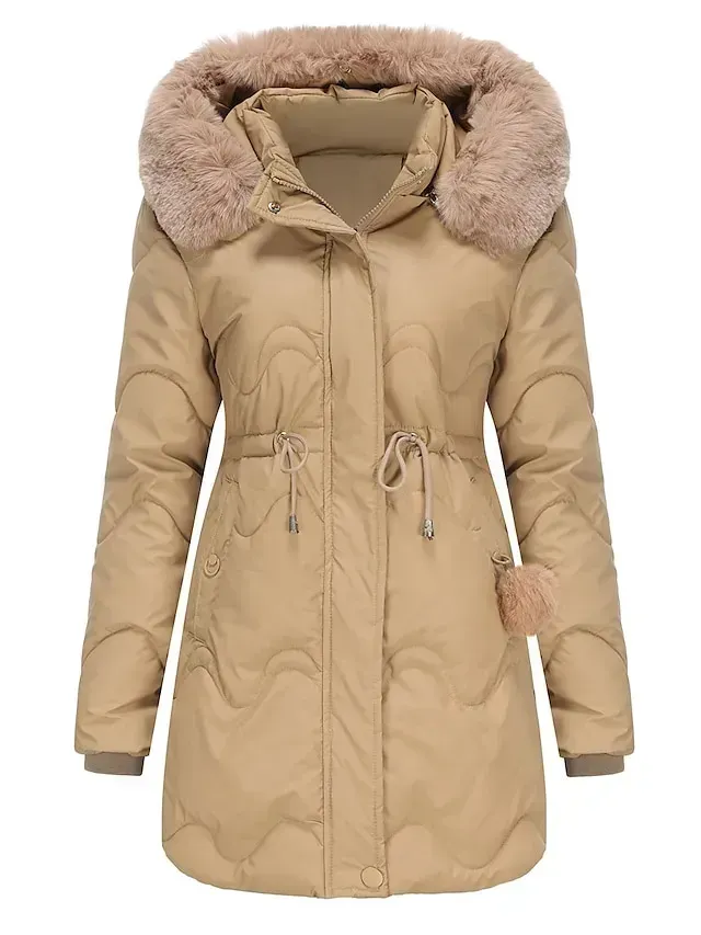 Women's Parka Puffer Jacket Winter Coat Thermal Warm Heated Coat with Removable Fur Collar Drawstring Zip up Hooded Coat Fall Outerwear with Pockets Classic Long Sleeve Light Blue Pink Black