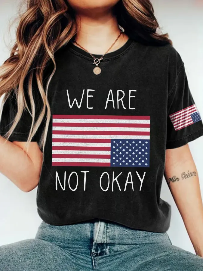 Women'S T-Shirt Retro We Are Not Ok Printed T-Shirt Wash Texture Pure Cotton Round Neck Short Sleeve