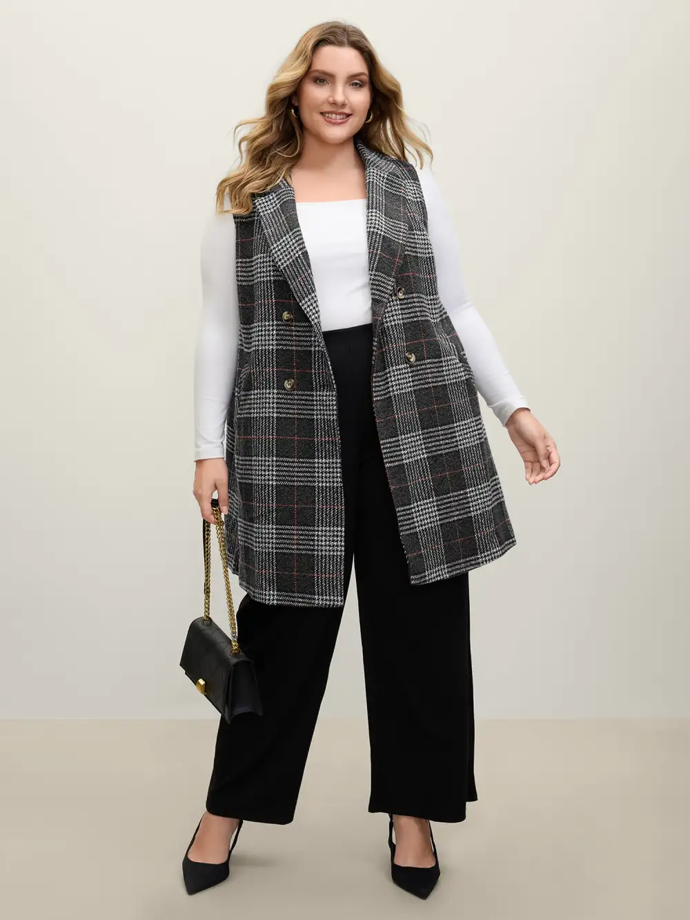 Textured Plaid Pattern Pockets Long Vest