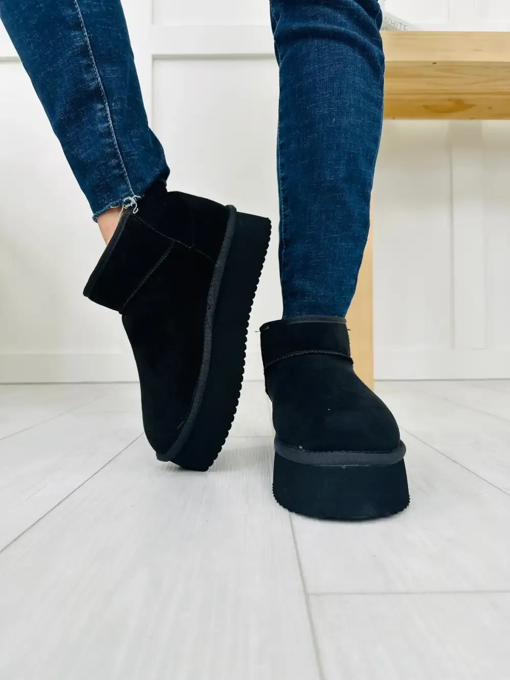 Toasty Terrain Booties In Black Faux Suede