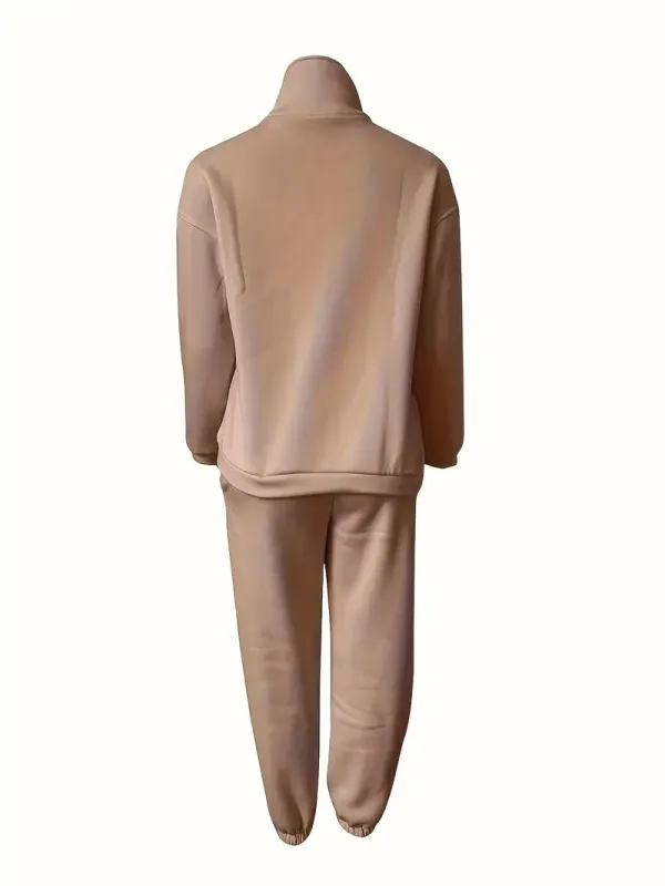 Two-Piece Solid Color Casual Outfit - High Neck Zip Front Long Sleeve Sweatshirt & Elastic Waist Pants