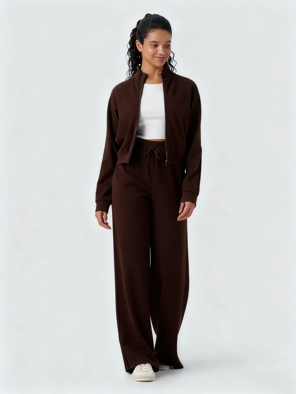 Stand-up collar jacket + wide-leg pants