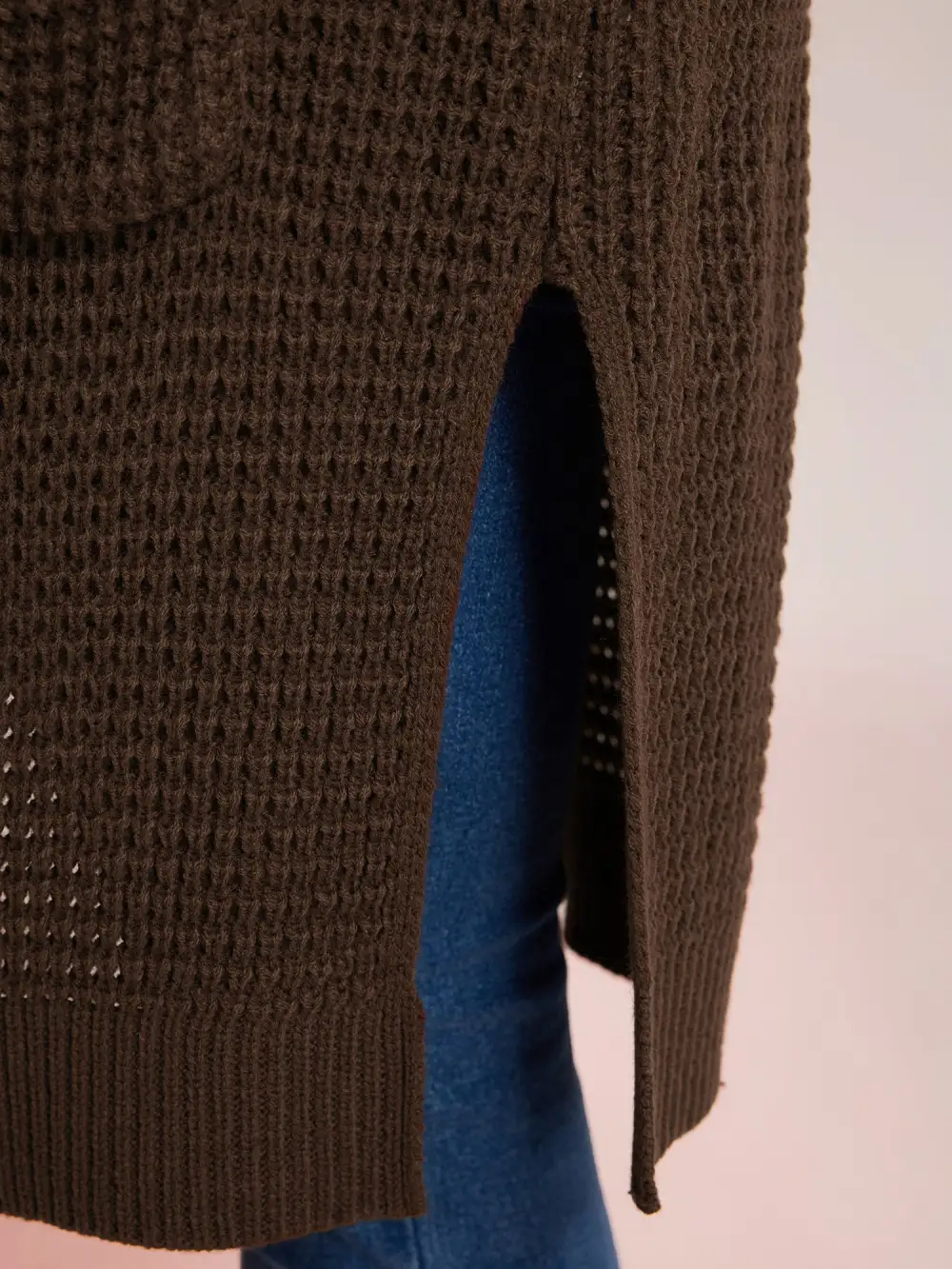 Folded Collar Pockets Slit Knit Cardigan