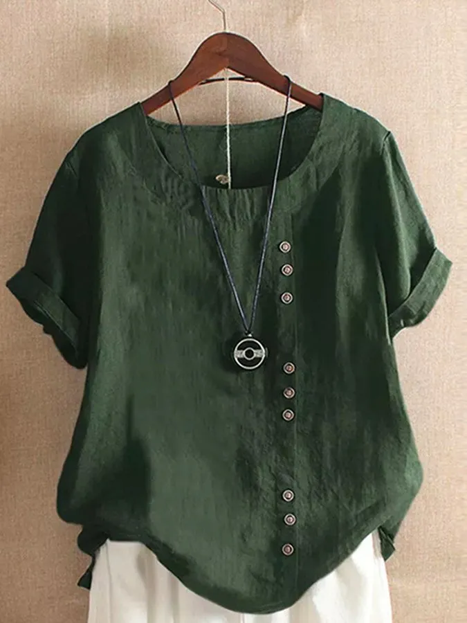 Women's Vintage Cotton Linen Button Crew Neck Short Sleeve T-Shirt