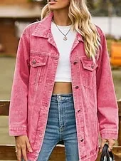 Women's Denim Jacket Outdoor Street Daily Wear Fall Winter Regular Coat Regular Fit Thermal Warm Breathable Stylish Casual Jacket Long Sleeve Solid Color with Pockets Light Blue Black Pink