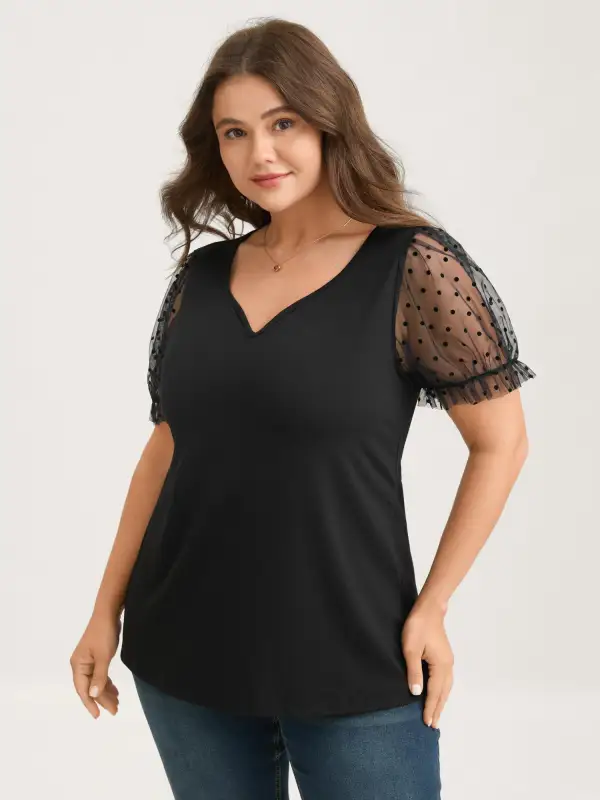 Stretchy Sheer Textured Sleeve Solid T-Shirt