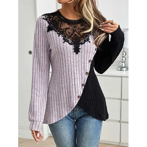 Women's Blouse Textured Ribbed Solid Color Eyelet Daily Elegant Stylish Puff Sleeve Long Sleeve