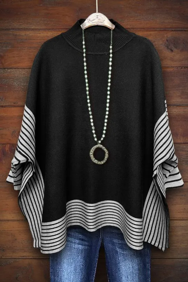 Casual Striped Batwing Sleeve Side Slit Sweater