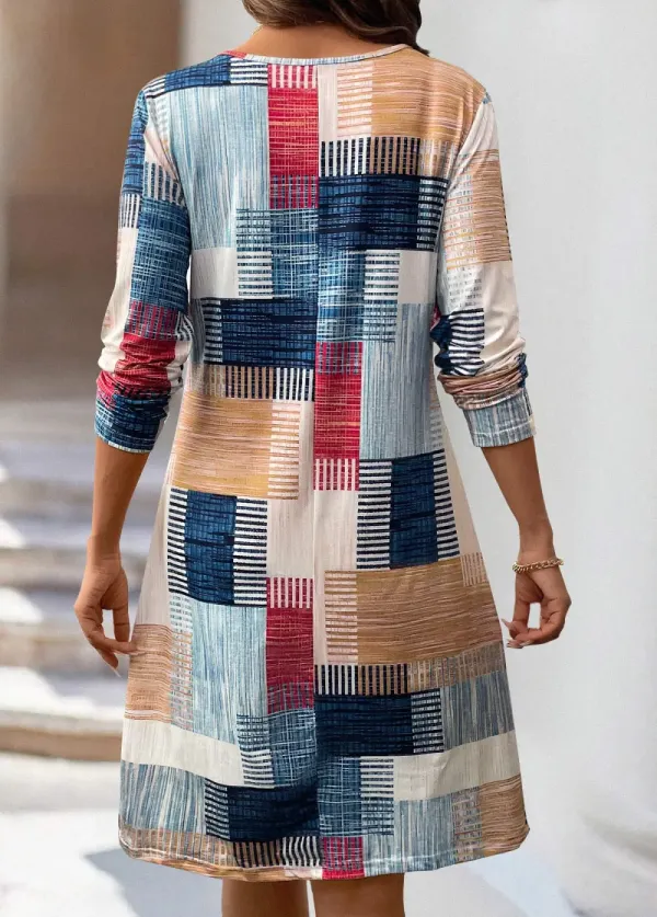 Multi Color Geometric Print A Line Long Sleeve Dress