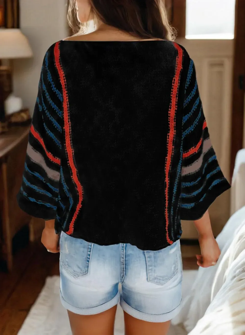 ✨Hot Sale-Women's Casual Color Block Striped Cable Knit Boho Sweater