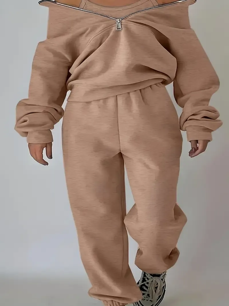 Two-Piece Solid Color Casual Outfit - High Neck Zip Front Long Sleeve Sweatshirt & Elastic Waist Pants