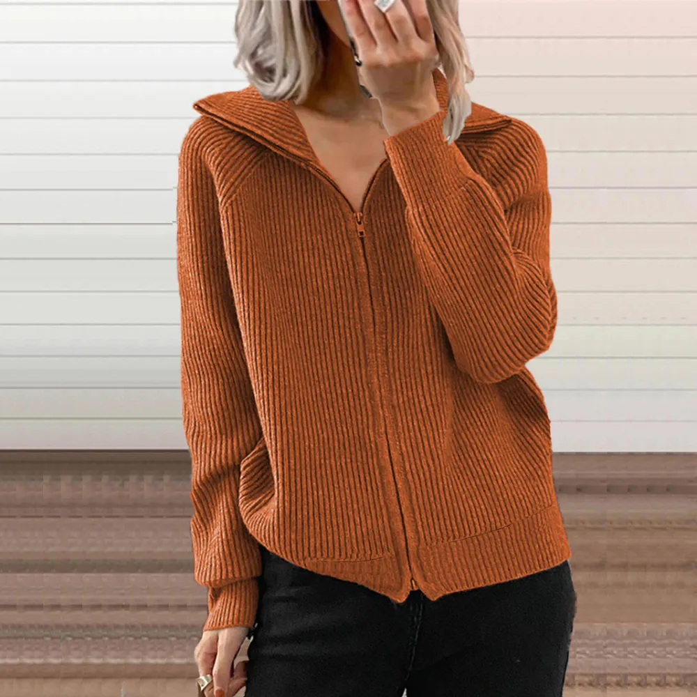 Fashionable Solid Color Loose Knit With Zipper Lapel Sweater