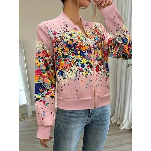 Women's Casual Jacket Comfortable Zipper Fashion Daily Modern Floral School Outdoor Vacation Home Regular Baseball Collar Regular Fit Long Sleeve Outerwear White Spring Fall