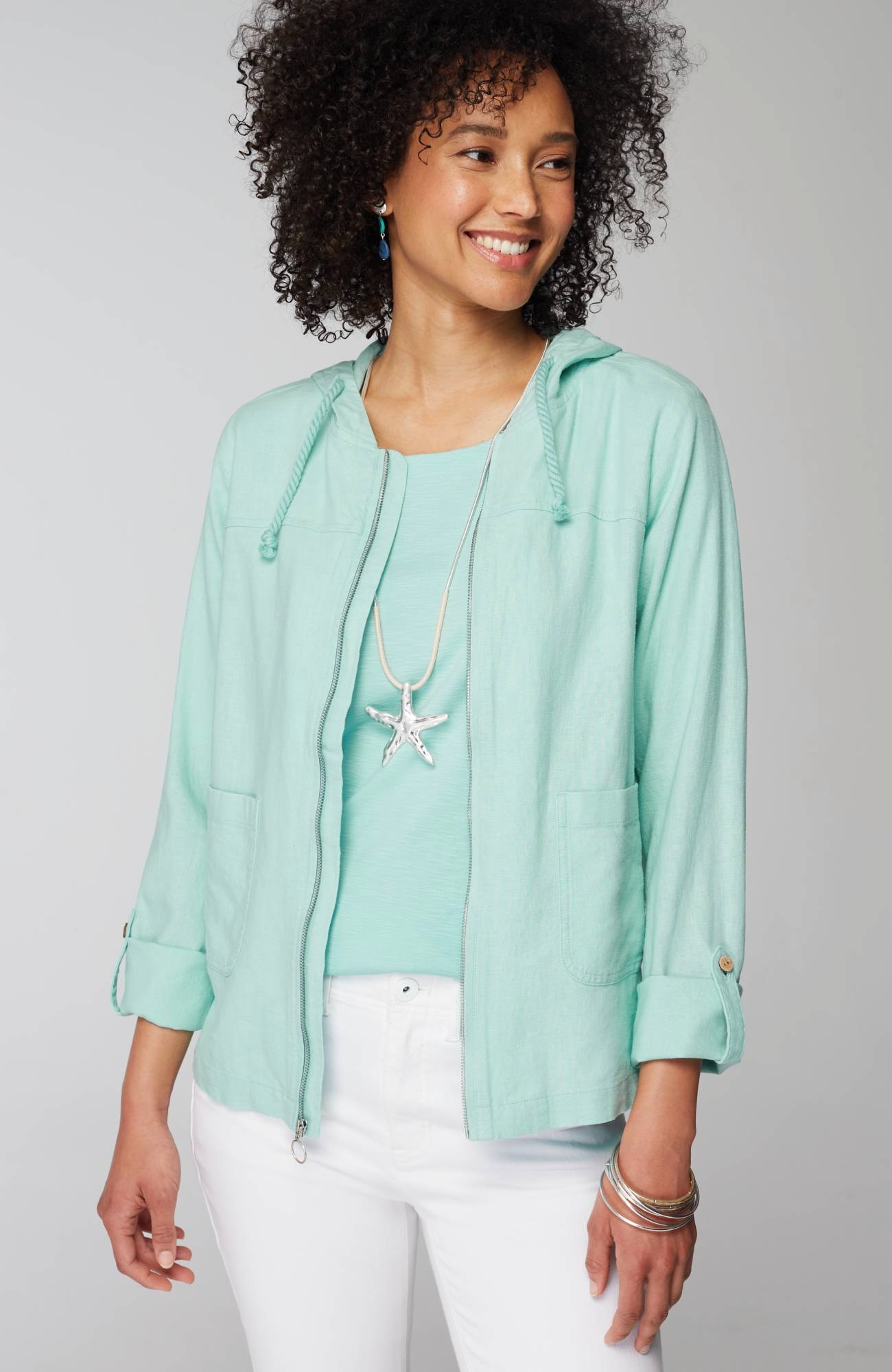 Hooded Tab-Sleeve Jacket