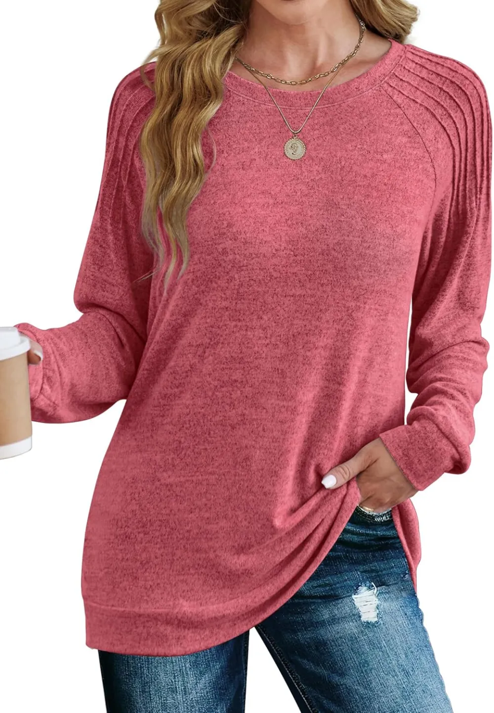 Sweatshirt for Women Crewneck Pleated Long Sleeve Shirts Tunic Tops Fashion 2024