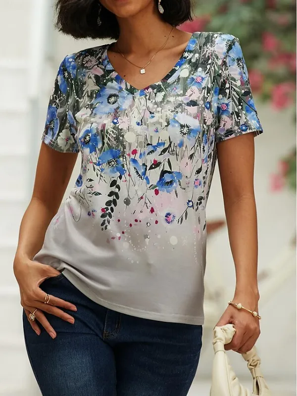 Women's T shirt Tee Floral Holiday Weekend Print Pink Short Sleeve Basic V Neck